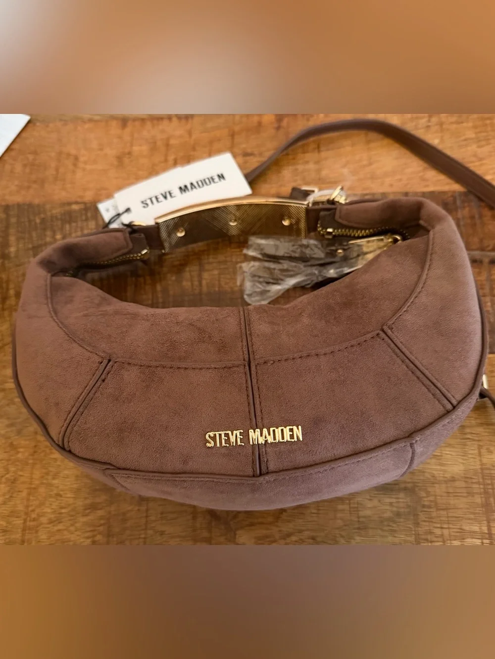 Steve Madden Chocolate Crescent Hobo with Gold Accent Bag NWT